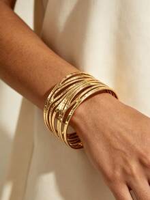 VceTd 1pc Fashion Style Stainless Steel Women's Bracelet With Geometric Line Design, Suitable For Dating/Party Wear - Yellow Gold - View 4