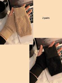 1/2 Pairs Solid Color Fingerless Gloves, Fashionable & Versatile Elastic Fuzzy Gloves For Autumn/Winter, Suitable For Sports, Cycling, Handcraft, Students, Outdoor, Party Wear, Protection - Multicolor - View 16