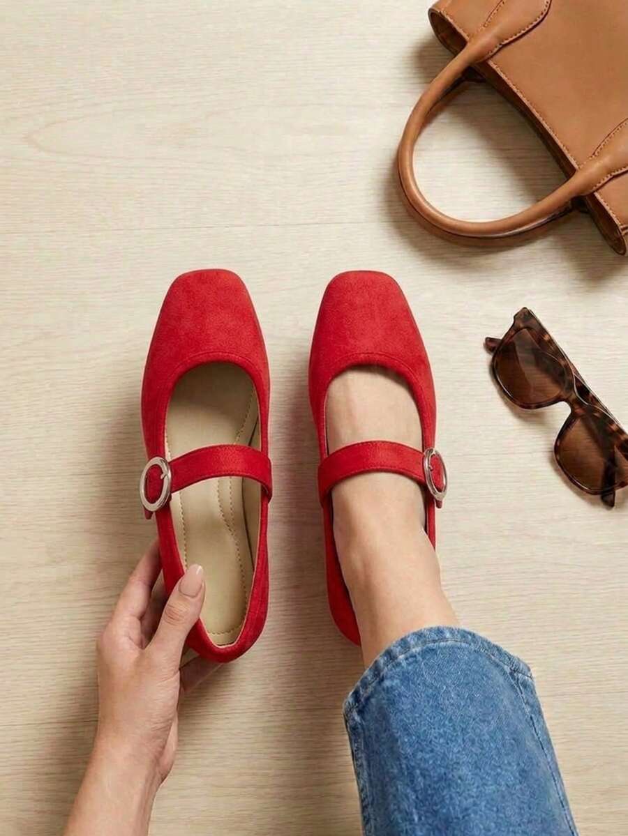 bailarinas Mary Jane mujer, merceditas de terciopelo, bailarinas con hebilla, manoletinas de mujer, zapatos planos elegantes, zapatos de terciopelo mujer, bailarinas negras - Rojo - Ver 1