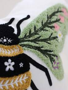 1pc Butterfly And Bee Embroidered Throw Pillow – Floral And Botanical Design – Nordic/Ins-Style Decorative Cushion For Living Room Sofas. - Green - View 2