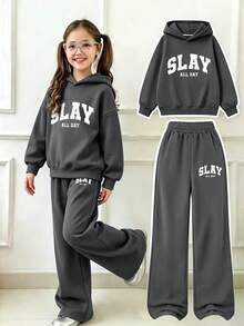 Girls 2-Piece Set, SLAY ALL DAY Print Hoodie + Dark Gray Wide Leg Elastic Waist Pants, Casual Daily Outfit For Big Girls - Dark Grey - View 2