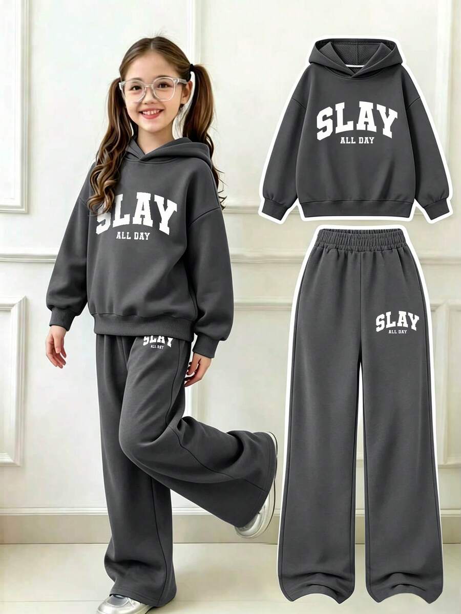 女童兩件套,SLAY ALL DAY 印花連帽衛衣 + 深灰色寬腿鬆緊腰長褲,大女孩休閒日常穿搭 - 深灰色 - 查看 1