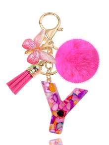 1pc Pink Letter Keychain, Initial Letter Car Key Chain Pendant, Cute Butterfly Tassel Fur Ball Charm For Girls Bag Key Ring Accessory, Halloween Gift Decoration, Suitable For Decorating Handbags, Wallets, Backpacks, Valentine's Day, Bachelorette Party Gift - Hot Pink - View 11