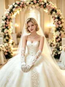 1雙女款長款蕾絲緞面婚禮手套，花卉圖案踝長婚禮手套，優雅白色開口袖口派對舞會手套配件 - 彩色 - 查看 5