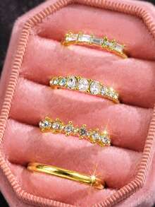 4pcs/Set Fashion Vintage Elegant Exquisite Luxury Rhinestone Gold Rings For Women, Fashion Jewelry For Daily Wear, Holiday, Party, Wedding, Gift - Multicolor - View 2