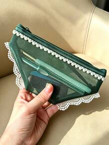 Green Mesh Makeup Bag Set, 1Pc Portable Cosmetic Organizer With Pearl Lace Zipper, Travel Toiletry Pouch For Women, Waterproof Transparent Mesh Beauty Storage Bag For Travel Bathroom - Green - View 5