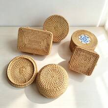 5.51" Diameter X 2.95" Height Handmade Woven Rattan Storage Box, Desktop Organizer - View 7