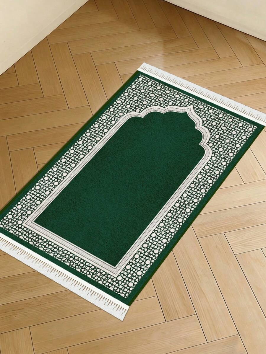 1 tấm thảm cầu nguyện Hồi giáo nỉ màu xanh, đệm mút dày mềm, hướng về Mecca, thảm cầu nguyện Ramadan trang trí nhà, thảm trải sàn thiết kế dập nổi cổ điển - màu xanh lá - Xem 1