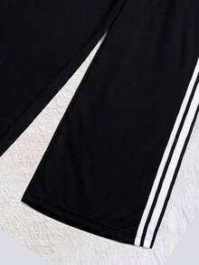 Women's Fleece Lined Wide Leg Outdoor Trousers, Contrast Side Stripe Drawstring Pants - Black - View 4
