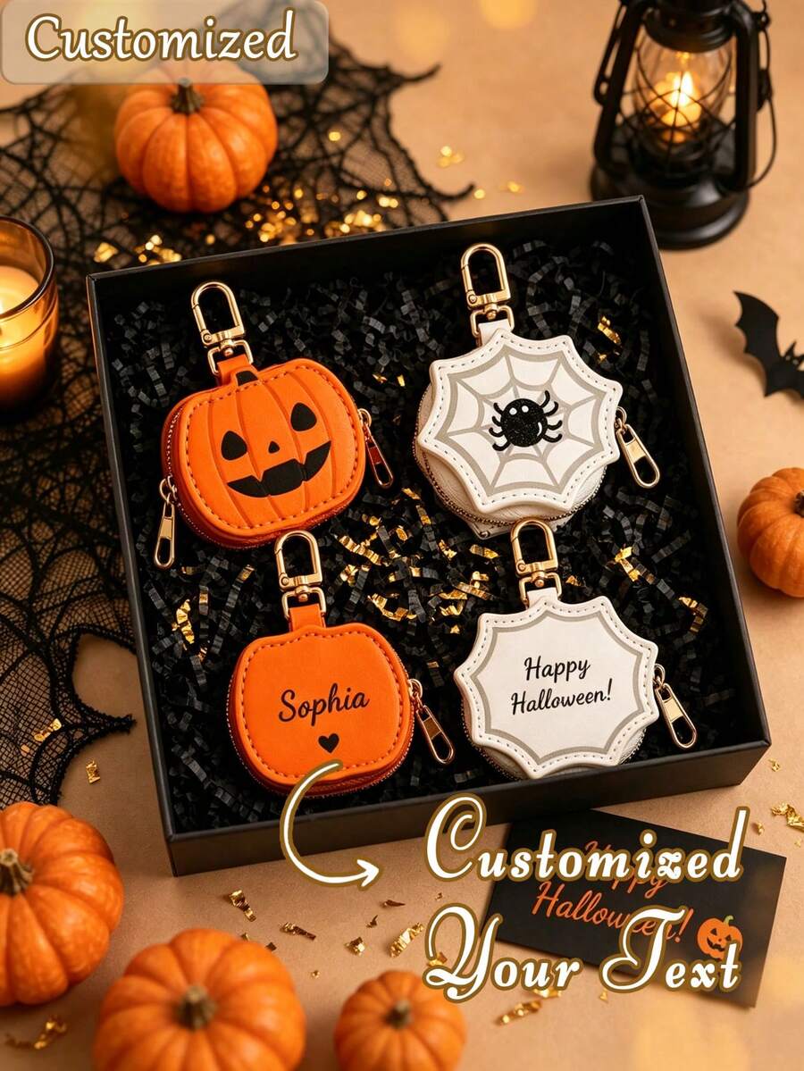 Personalized Text Holiday Mini Zipper Coin Purse Keychain, Custom PU Small Wallet Bag Charm, Halloween & Christmas Themed Cute Pouch, Customized Seasonal Gift Accessory - Multicolor - View 1