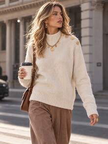 Vuslat Women's Autumn/Winter Soft Knit Sweater, Metal Button Half-High Neck Base Layer Top, Commuting, Casual Shopping, Cafe, Christmas - Apricot - View 1
