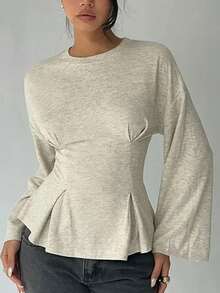 Women's Casual Round Neck Ruched Waist T-Shirt, Solid Color, Suitable For Daily Commute And Home Wear, Long Sleeve Knit, Autumn Women's Clothing - Apricot - View 3