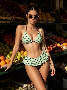 Atutua Sexy Polka Dot Print Halter Neck Bikini Set, Suitable For Beach Vacation In Summer - Mint Green - View 5
