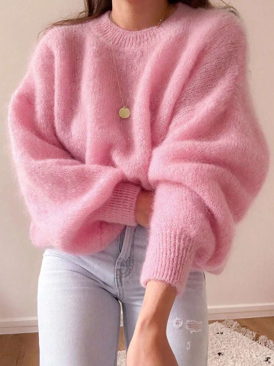 Women's Plus Size Autumn Bright Pink Fuzzy Mohair Knit Sweater, Cute Winter Thick Warm Pullover, New Autumn Arrival - Pink - View 1
