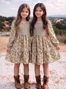 Girls Autumn Bohemian Style Square Neck Long Sleeve A-Line Floral Dress, Doll Dress For Back To School, Party, Autumn Outing, Fashion Item - Multicolor - View 7