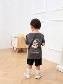 Toddler Girls' Cartoon Duck & Letter Print Casual Short Sleeve T-Shirt, Loose Fit Summer Top - Dark Grey - View 3