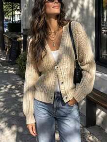 Cozy Plus Size Deep V Neck Cardigan For Women, Long Sleeve Rib-Knit Button Front Sweater, Ideal For Autumn And Winter Outfits - Apricot - View 1