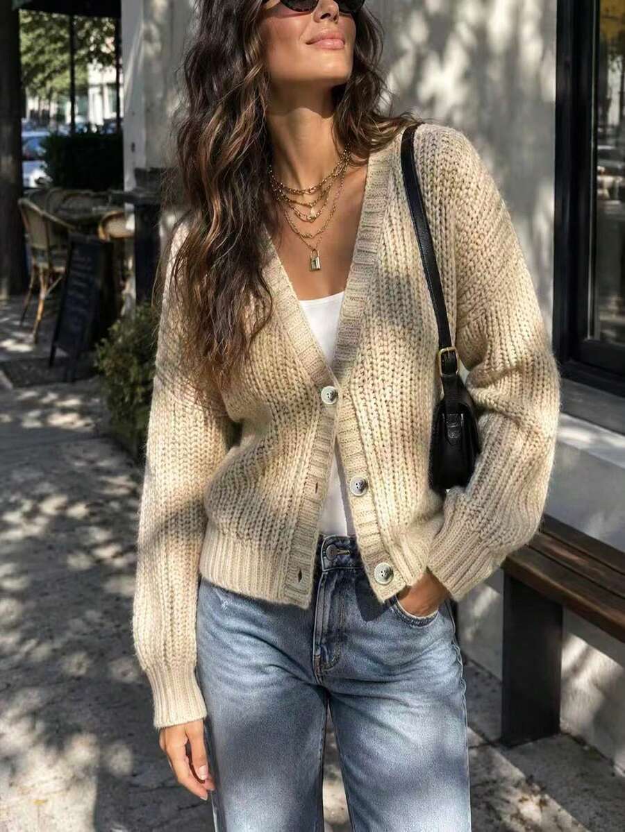 Cozy Plus Size Deep V Neck Cardigan For Women, Long Sleeve Rib-Knit Button Front Sweater, Ideal For Autumn And Winter Outfits - Apricot - View 1