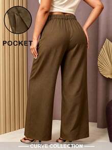 Women's Plus Size High Waist Pocket Wide Leg Pants, Autumn Outfit Essential, Comfortable And Soft - Brown - View 3