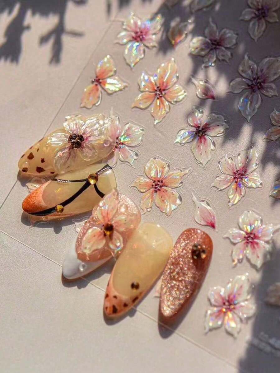 1pc Fall, Autumn, Fall Nails Embossed Flower Coffee Color Nail Stickers, Ins Popular Japanese Style Stationery Nail Art Stickers, Powder Carved Lily Nail Decoration Stickers - Multicolor - View 1