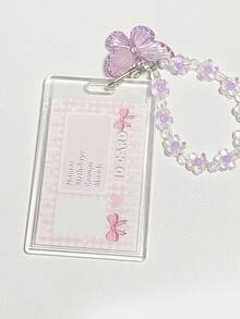 1pc Cute Heart Bow Decor ID Card, Photo, Card Holder, Acrylic ID Protector With Chain, Suitable For Student ID, Key Storage | Fun Pattern | Protective Case - A - View 4