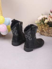Children's Fashion Casual Western Cowboy Boots, Simple Solid Color Design, Vintage Boots, Autumn/Winter Riding Ankle Boots - Black - View 6