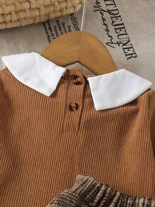2pcs Set Atasan dan Rok Kerah Peter Pan Gaya Kuliah Lucu untuk Bayi Perempuan, Berat Sedang, Musim Semi/Gugur - Khaki - View 6