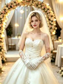 1雙女款長款蕾絲緞面婚禮手套，花卉圖案踝長婚禮手套，優雅白色開口袖口派對舞會手套配件 - 彩色 - 查看 8