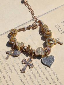 1pc Heart Cross Charm Bracelet, Heart Rhinestone Cross DIY Bracelet, Virgin Mary Cross Heart Bracelet - Gold - View 4