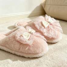 Lace Bow Fuzzy Slippers, Women Open‑Toe Plush House Slippers, Soft Cozy Indoor Flat Slides - Pink - View 2