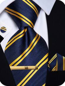 Golden Diagonal Stripe Men's Tie 4pcs Set Handkerchief Cufflinks Gold Tie Clip Business Formal Wedding Accessories - Navy Blue - View 1