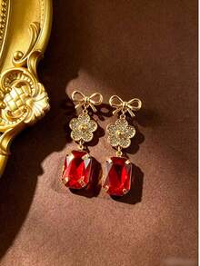 1 Pair Fashion Vintage Luxury Clover Flower Sparkling Rhinestone Colorful Crystal Bow Rectangular Elegant Personalized High-End Earrings - Long Earrings - View 8