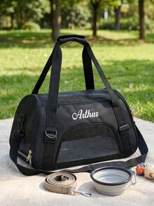 Custom Embroidered Name Pet Carrier Bag, Breathable Mesh Portable Travel Handbag, Outdoor Carry Tote For Small Dogs & Cats - 1 Set - View 3