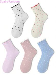 10/5/3/1 Pairs Women's Cherry Color Mid-Calf Socks, Polka Dot Pattern, Suitable For Daily Wear, Simple And Comfortable, Random Color - Multicolor - View 7
