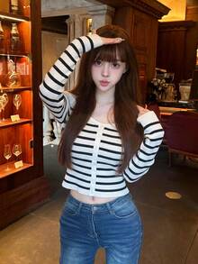 Women's Knit Cardigan Off-Shoulder Long Sleeve Ribbed Ribbed Top Single Breasted Cropped Waist-Baring Slim Fit Base Layer Sweet Cool Sexy Hot Girl Y2K Style Autumn Casual Street Date Inner Wear - Black and White - View 2