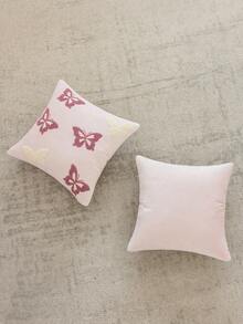 Homemorelove 2件組 3D多色蝴蝶刺繡枕套，隱藏式拉鍊，280GSM天鵝絨面料刺繡靠墊套，適用於沙發、臥室、客廳家居裝飾，不含枕芯 - 米白色+粉紅色 - 查看 4