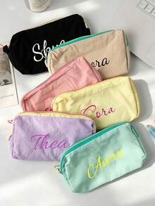 Custom Embroidered Name Pencil Case, Personalized Text Zipper Pen Bag, Large Capacity Stationery Storage Pouch, Aesthetic School Supplies, Customized Gift For Girls Students > - Multicolor - View 2