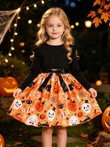 Cute Halloween Pumpkin Print Long Sleeve T-Shirt Dress For Young Girl, Suitable For Autumn Wear, Children's Clothing Gift - Black - View 1