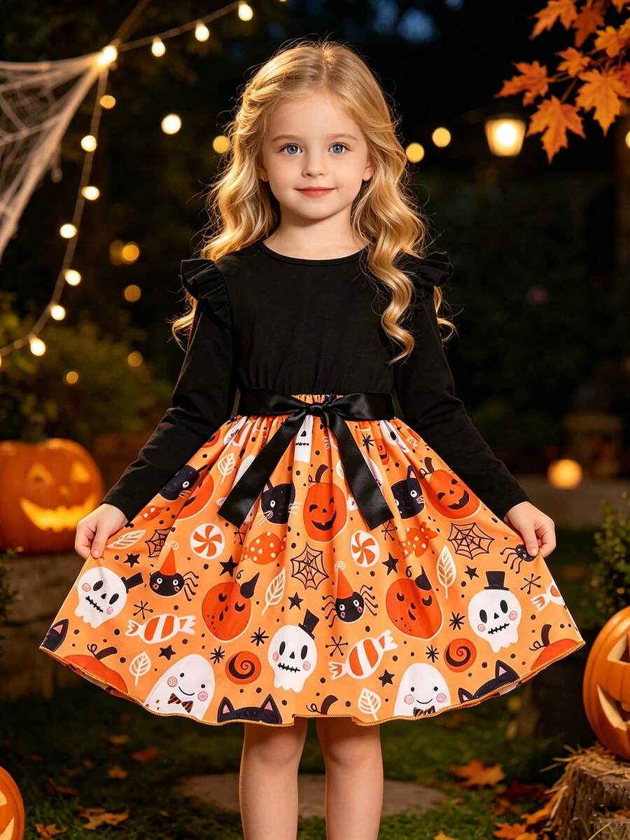Cute Halloween Pumpkin Print Long Sleeve T-Shirt Dress For Young Girl, Suitable For Autumn Wear, Children's Clothing Gift - Black - View 1