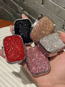 Shiny Rhinestone Pill Box, 2-Compartment Mini Portable Pill Box With Mirror, Mini Jewelry Box, Portable Travel Jewelry Storage Box, Women's Ring And Earring Organizer, Fits In Wallet Or Pocket, Suitable For Travel, School, Holiday Gift, Birthday Gift - Multicolor - View 1