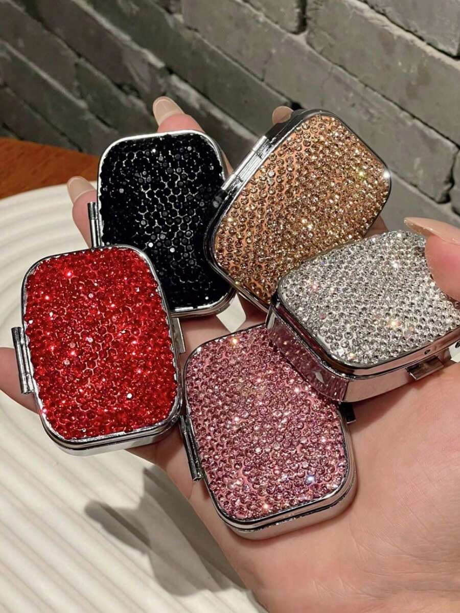 Shiny Rhinestone Pill Box, 2-Compartment Mini Portable Pill Box With Mirror, Mini Jewelry Box, Portable Travel Jewelry Storage Box, Women's Ring And Earring Organizer, Fits In Wallet Or Pocket, Suitable For Travel, School, Holiday Gift, Birthday Gift - Multicolor - View 1
