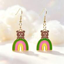 1 Pair Sweet Colorful Oil Drop Rainbow Bear Metal Pendant Earrings, Versatile Personalized Dangle Earrings/Ear Clips/Ear Hoops - Multicolor - View 8