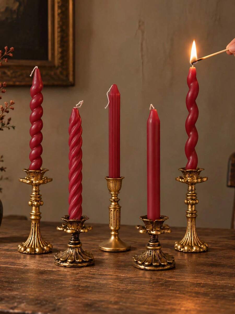 1 Piece French Red Long Taper Candle, Spiral Candle, Smokeless Soy Wax, Home Decor, Wedding, Romantic Dinner Decor, Party, Daily Use, Holiday Table Decor, Gift For Women - A - View 1