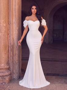 Elegant Cold Shoulder Mermaid Long Dress, Ruched Satin Train Slim Fit, Suitable For Photos, Beach Vacation, Resort, Evening Party And Formal Occasions - White - View 1