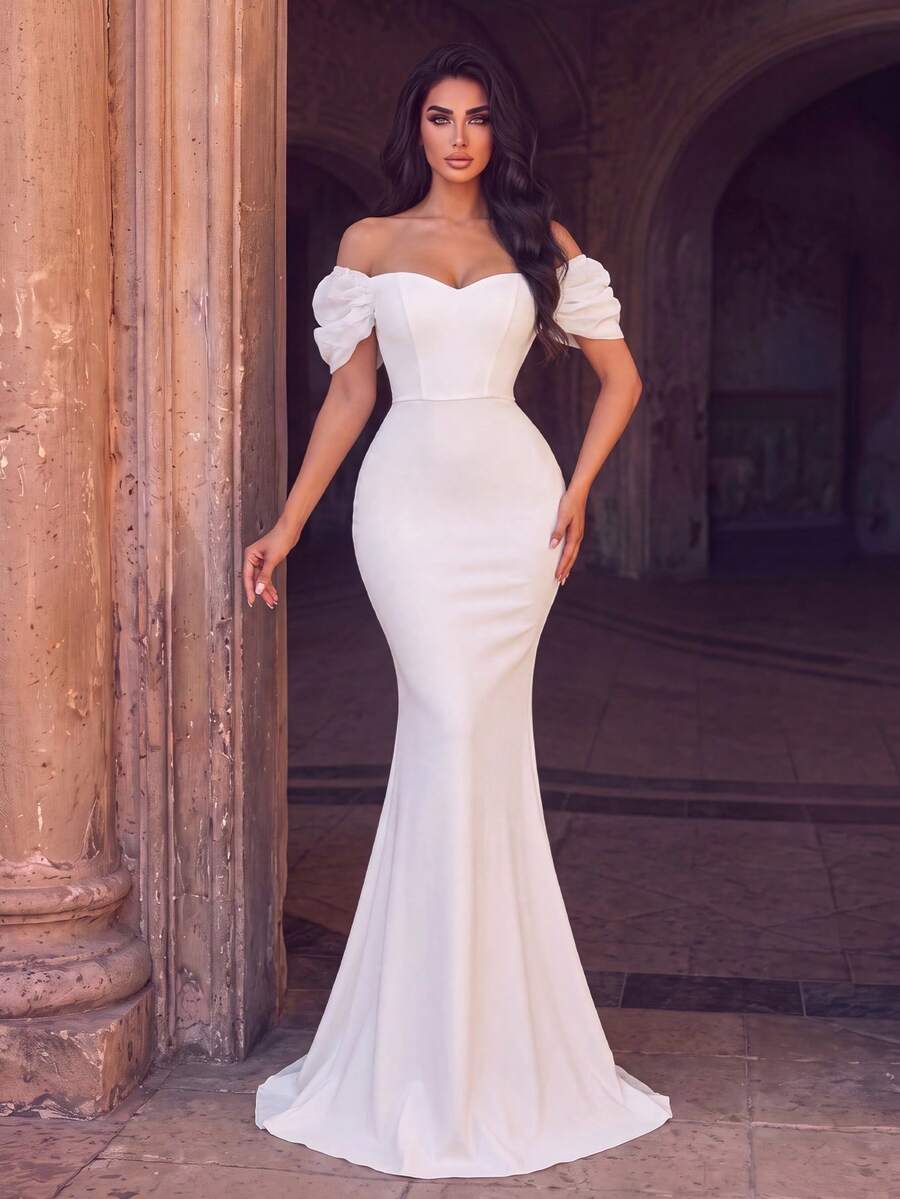 Elegant Cold Shoulder Mermaid Long Dress, Ruched Satin Train Slim Fit, Suitable For Photos, Beach Vacation, Resort, Evening Party And Formal Occasions - White - View 1