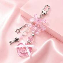 Transparent Beaded Keychain, Pink Bow Heart Key Ring, Bag Charm Pendant, Phone Strap, Backpack & Handbag Accessory - Multicolor - View 1