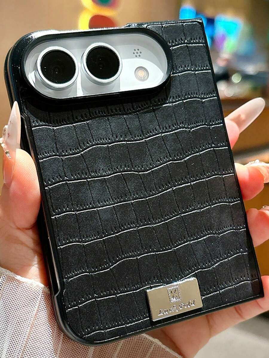 Advanced Business Solid Color Glossy Crocodile Skin Pattern Shockproof Protective Phone Cover Case Compatible With IPhone Duo Fold Anti Drop Hard PC Protection Cover - Black - View 1