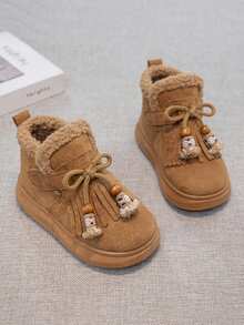 Sepatu Bot Musim Dingin Model Ankle dengan Rumbai, Lapisan Bulu, Perekat Velcro untuk Memudahkan Pemakaian dan Pelepasan, Sepatu Bot Hangat untuk Anak Perempuan - Unta - View 5