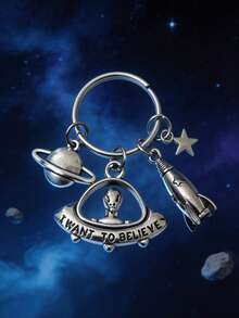 1pc New Silver Alien UFO Keychains Set, I Want To Believe Space Planet Rocket Star Charm, Key Rings, Car Bag Pendant, Sci Fi Holiday Gift - Multicolor - View 2