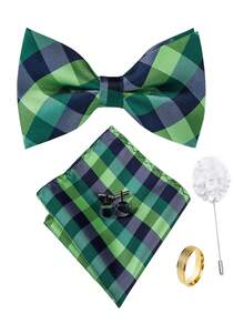 5Pcs Men Green Plaid Bow Tie Pocket Square Cufflinks Ring Boutonniere Set, Cufflinks Pattern Random For Wedding Business Party - Green - View 1